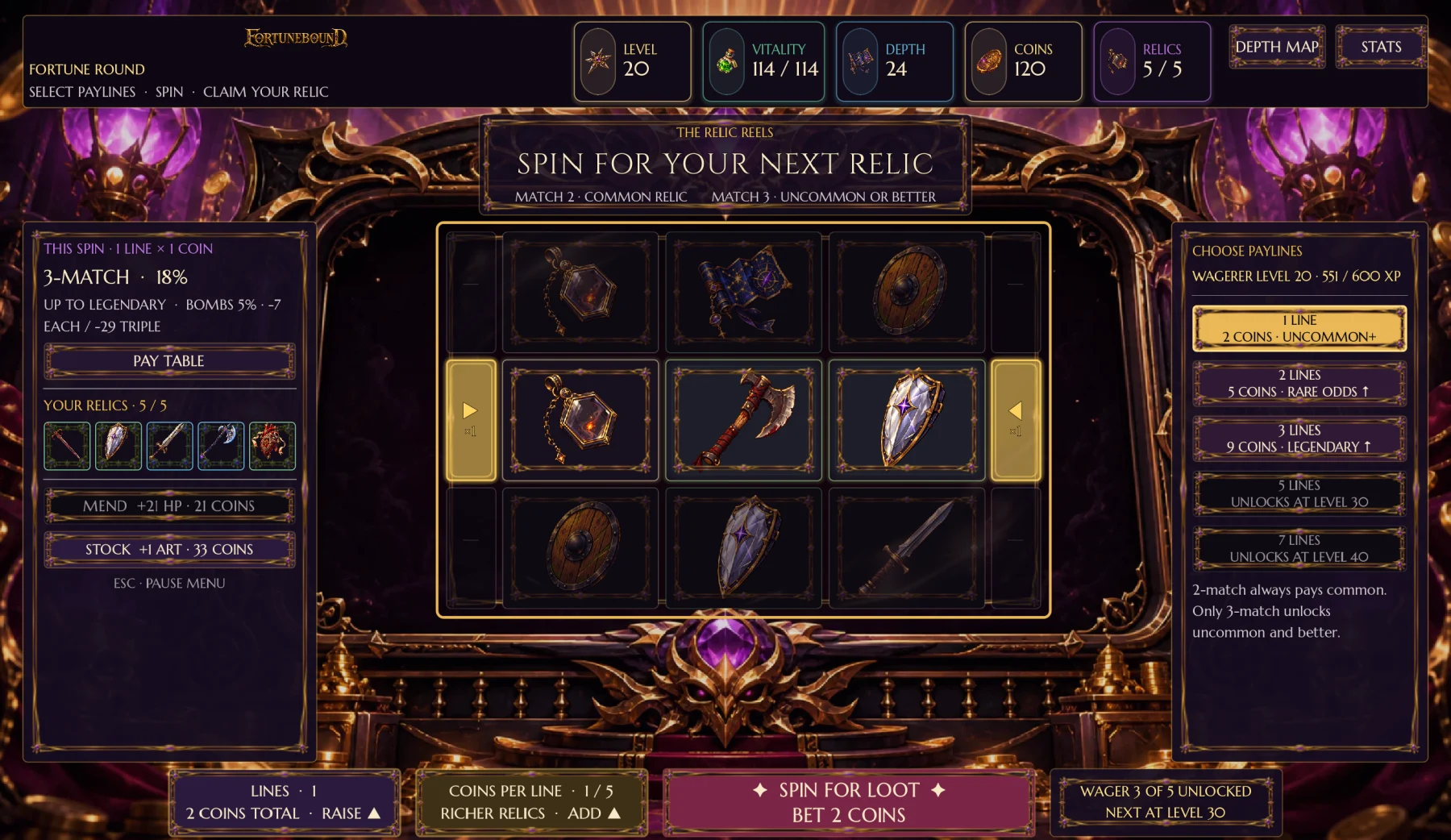 Fortunebound's ornate golden relic reels, equipped items, and wager controls